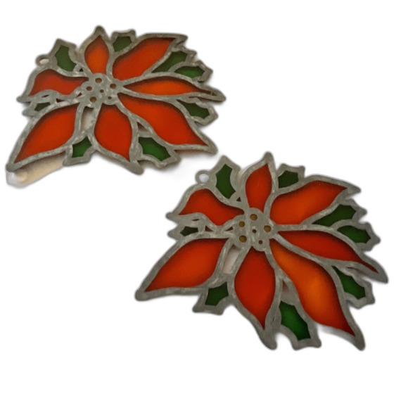 2 VINTAGE POINSETTIA STAINED Glass Style ORNAMENTS SUN CATCHERS  4" by 4.5" - Picture 3 of 3